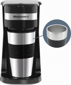 Elite Gourmet EHC111A Personal Single-Serve Compact Coffee Maker Brewer Includes 14Oz. Stainless Steel Interior Thermal Travel Mug, Compatible with Coffee Grounds, Reusable Filter, Black